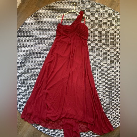 Pleated One Shoulder Long Chiffon Formal Evening Dress, Burgundy - Picture 4 of 7